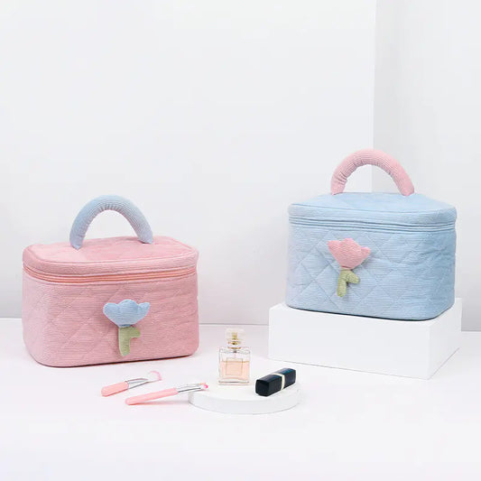 Corduroy Flower Makeup Bag Set for Travel and Beauty